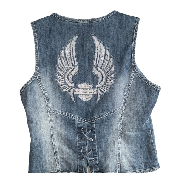 HARLEY DAVIDSON WOMENS DENIM JEAN ANGEL WING RHINESTONE VEST JACKET LARGE - Picture 2 of 9